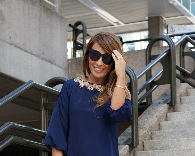02-street style-madrid-spain-bass and calfer-dress-blue-charlotte olympia-shoes-moon-stars-alexander mcqueen-clutch-spikes-celine-sunnies